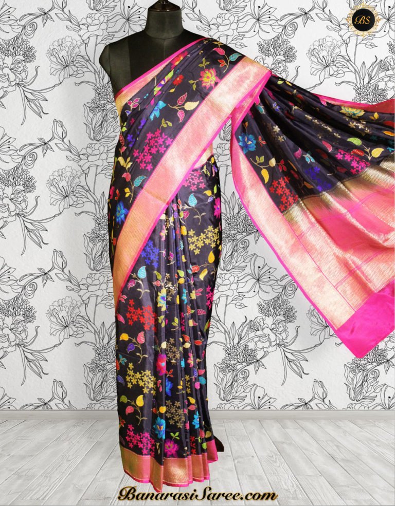 Pure Banarasi Katan Silk Navy Blue Multicolor Kadhwa Jaal Saree - Image 2
