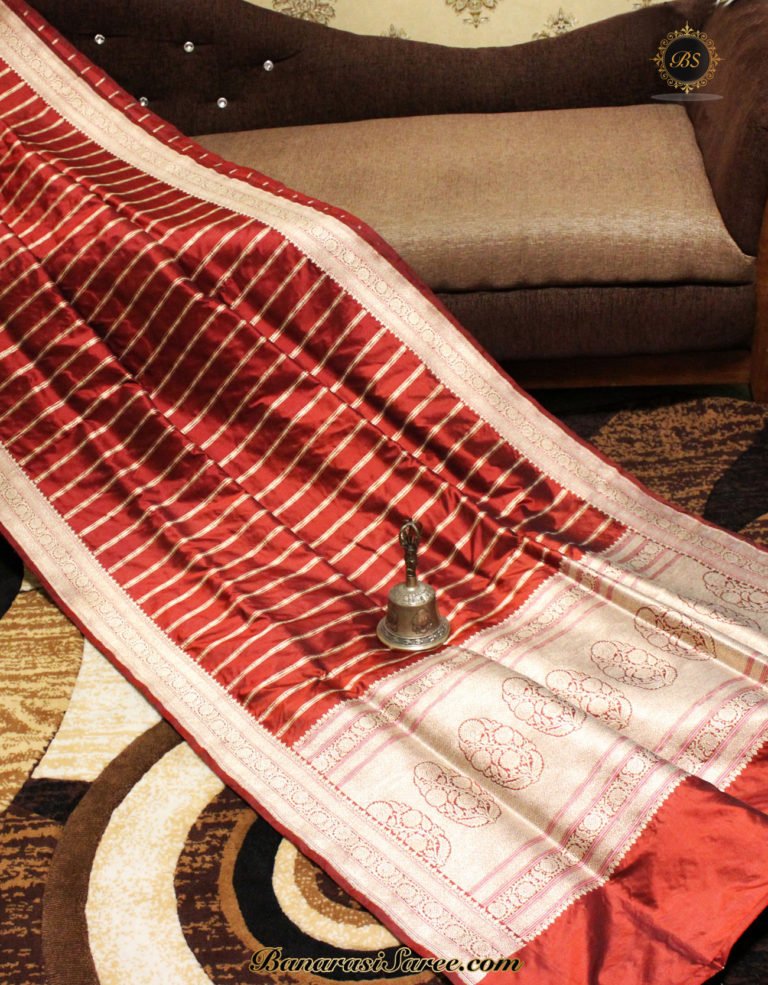 Pure Banarasi Katan Silk Maroon Colour Kadhwa Stripe Saree