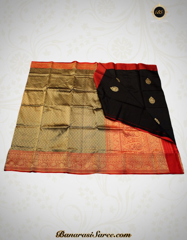 Pure Banarasi Handloom Katan Silk Black Color Half- Half Saree - Image 2