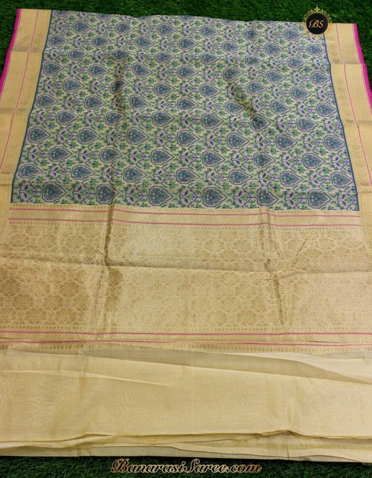 Banarasi Handloom Cotton Silk Thread Work Jaal Blue Color Saree - Image 2