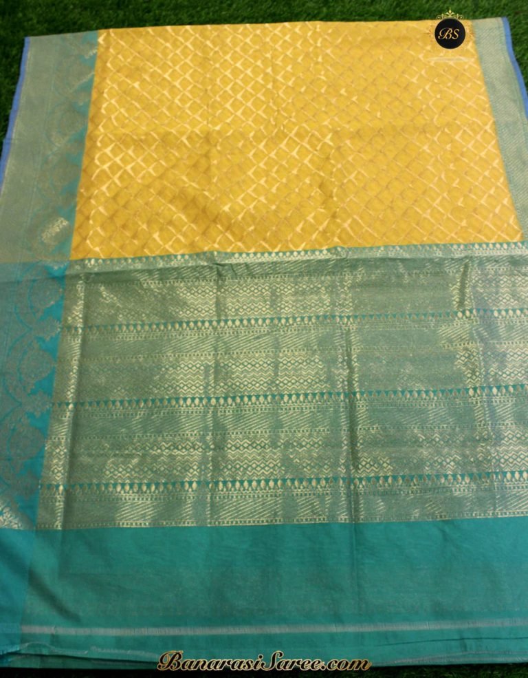 Banarasi Handloom Kora Silk Yellow-Pine Green Color Saree - Image 3