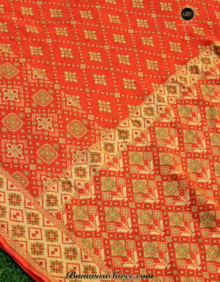 Pure Banarasi Handloom Khaddi Chiffon Orange Color Saree - Image 2