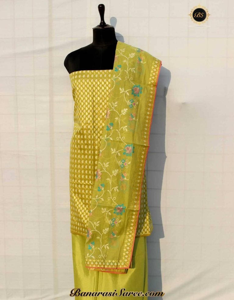 Banarasi Handloom Cotton Silk Mehendi Green Color Zari Booty Suit