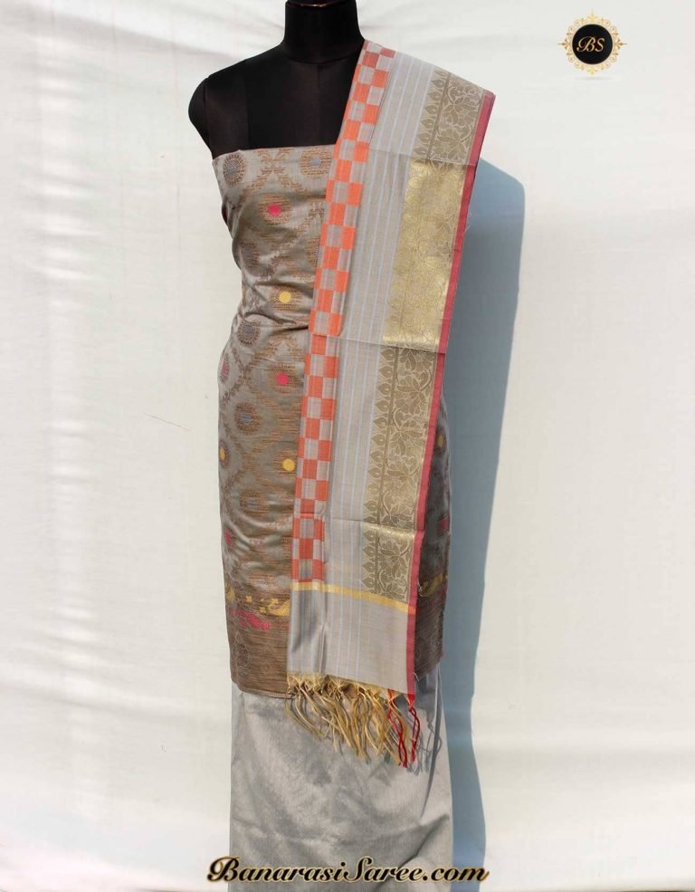 Banarasi Handloom Antique Zari Lattice Grey Color Suit