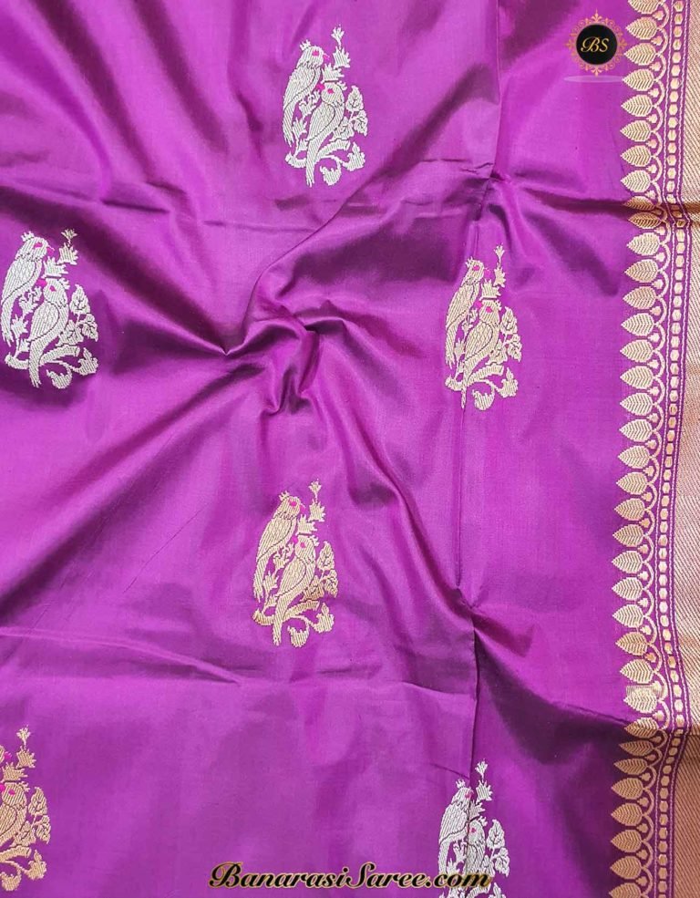 Pure Banarasi Handloom Katan Silk Purple Color Sona Roopa Figure Boota Saree - Image 3