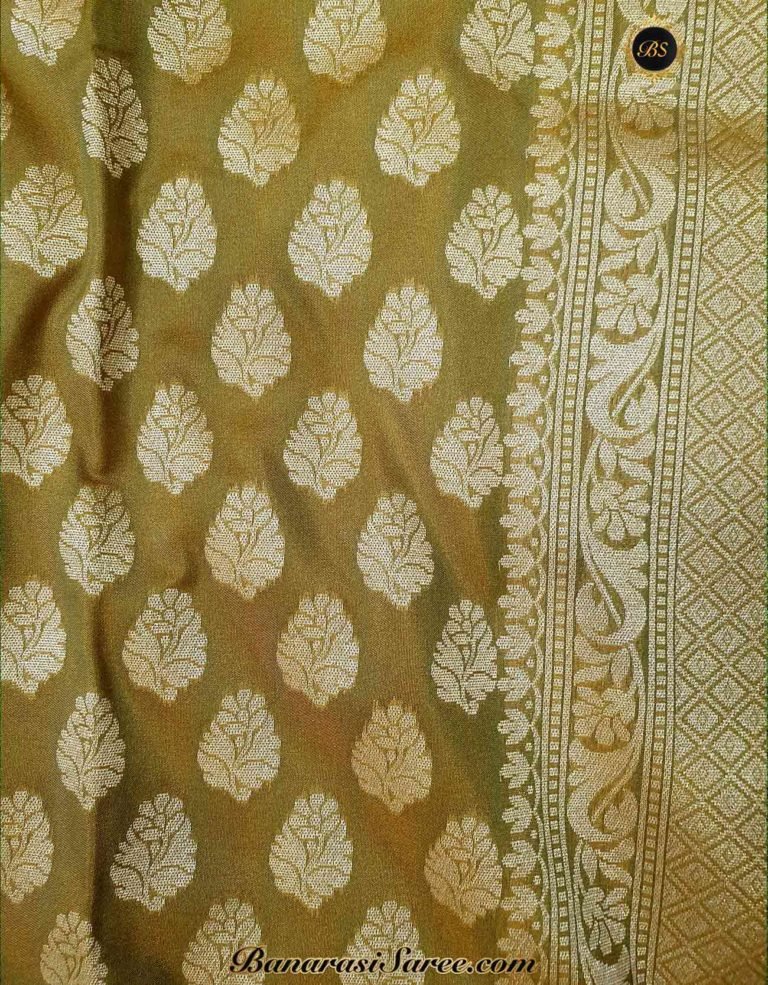 Banarasi Handloom Soft Silk Olive Green Color Zari Booty Saree - Image 4